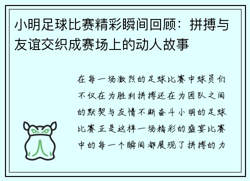 小明足球比赛精彩瞬间回顾：拼搏与友谊交织成赛场上的动人故事